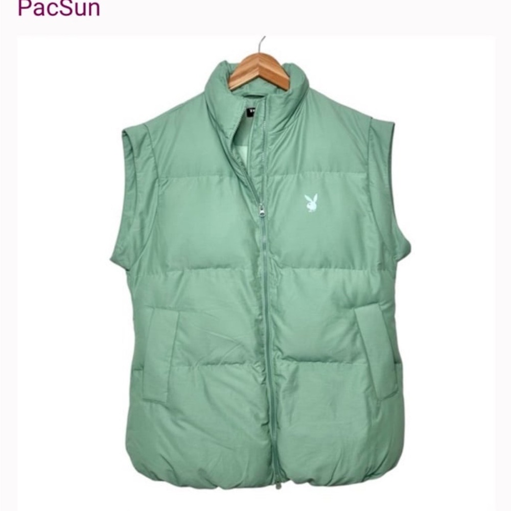 Pacsun‎ x Playboy Collab Puffer Vest Size XS/S Sage Green Logo Oversized